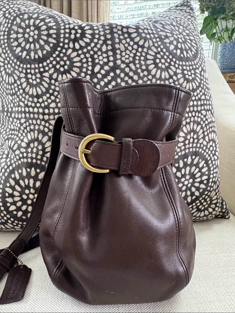 Vintage Coach 4156 Brown Leather Bucket Bag Belted Drawstring Style Made in USA